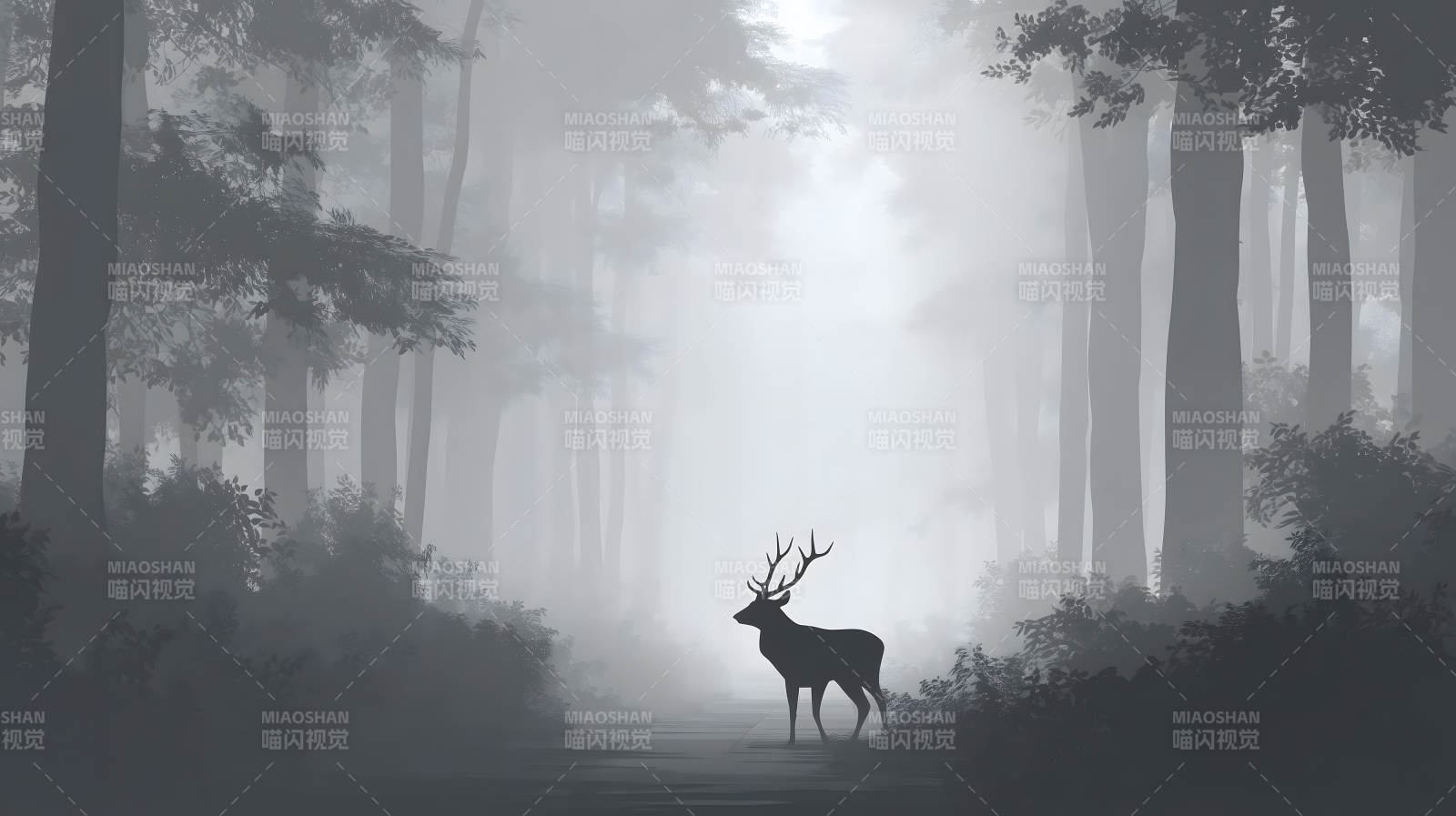 雾气森林中的雄鹿图片