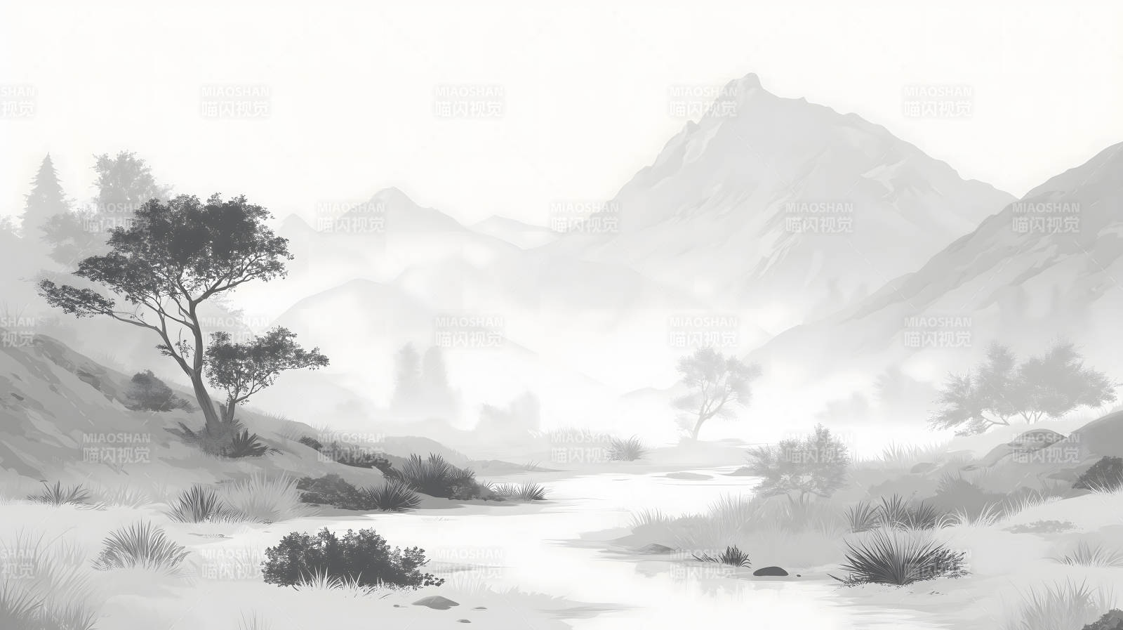 水墨风格的山川河流图图片