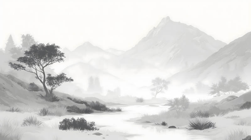 水墨风格的山川河流图图片