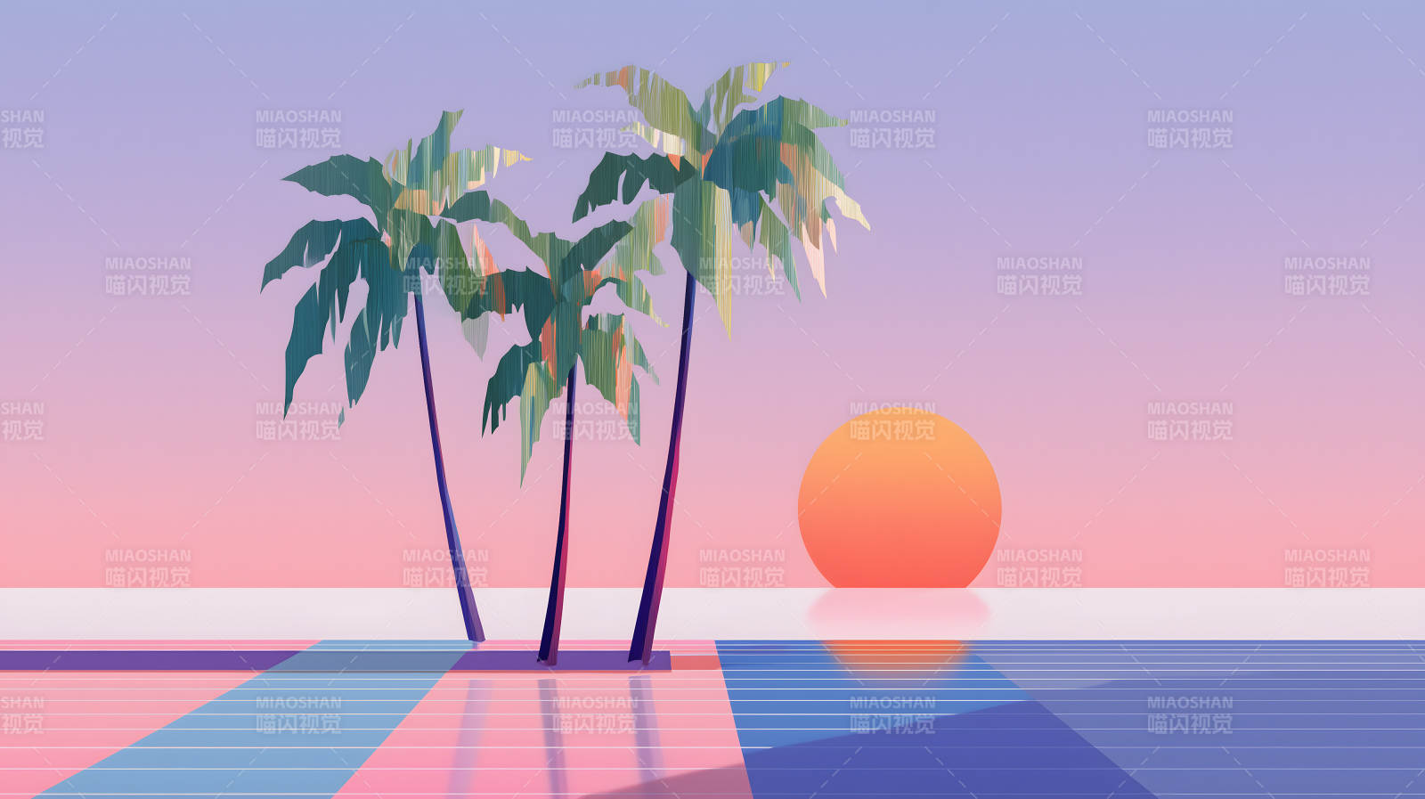 梦幻般的海边椰林晚霞图片