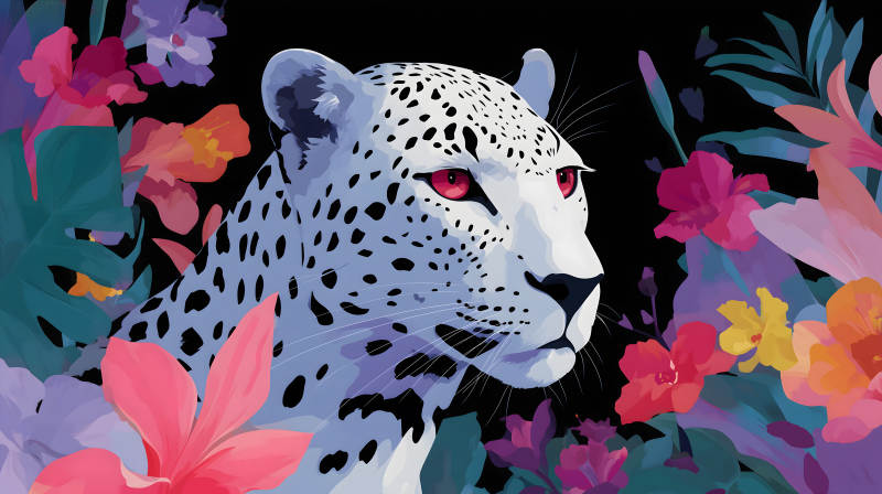 雪豹与热带花卉图片