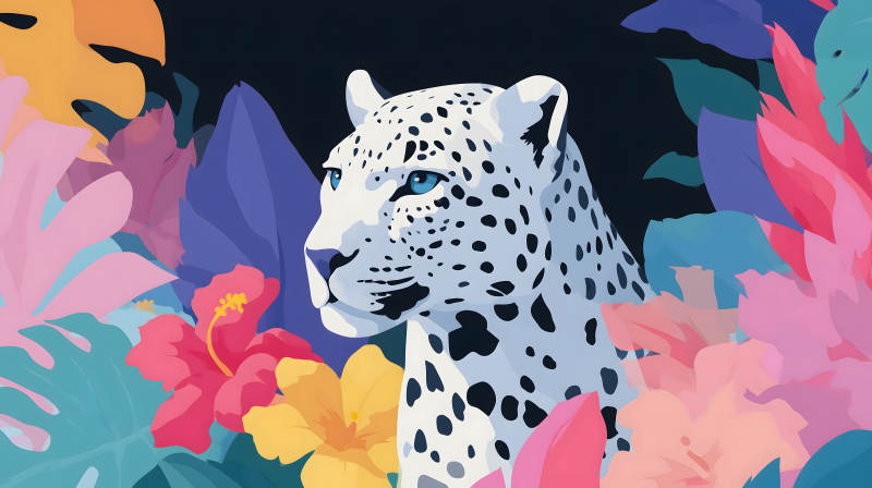 雪豹与热带花卉的邂逅图片