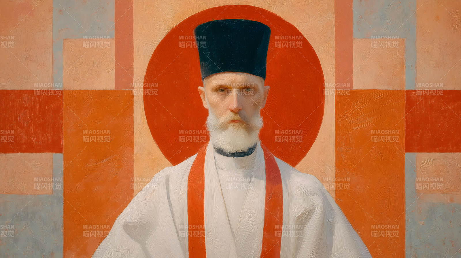 神父肖像与几何背景图片