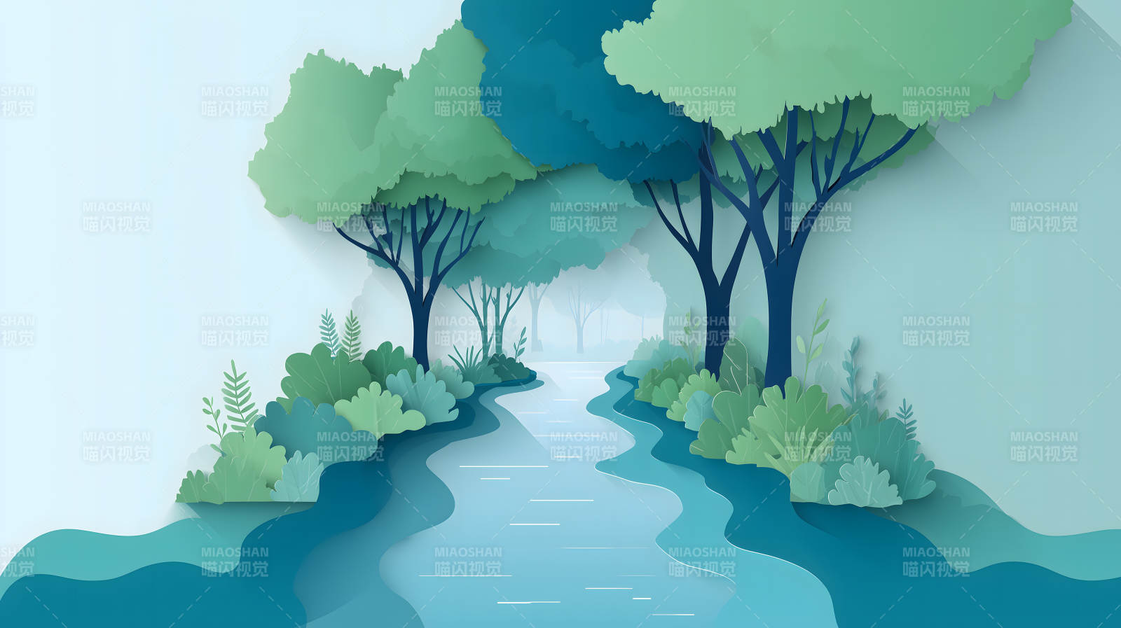 纸艺风格的森林溪流图片