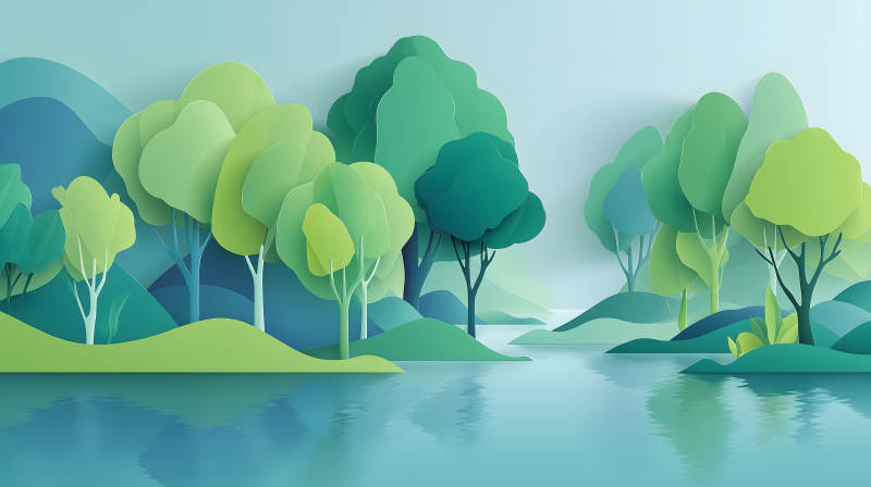 纸艺风格的宁静湖畔图片