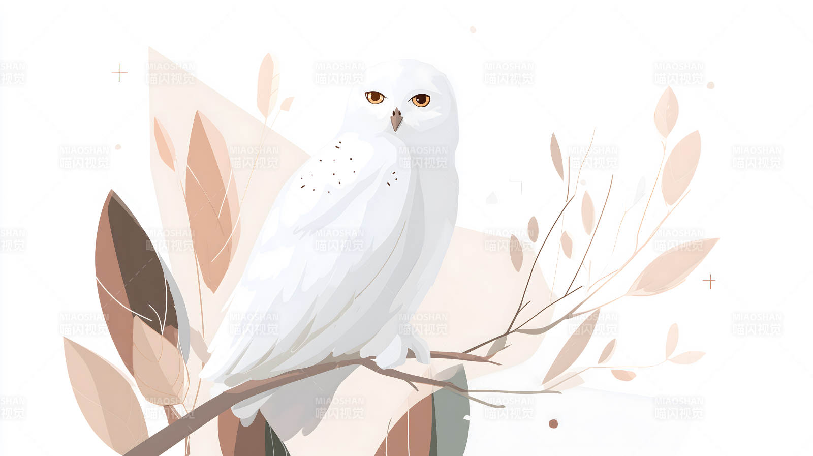 雪鸮与秋季静谧枝叶图片