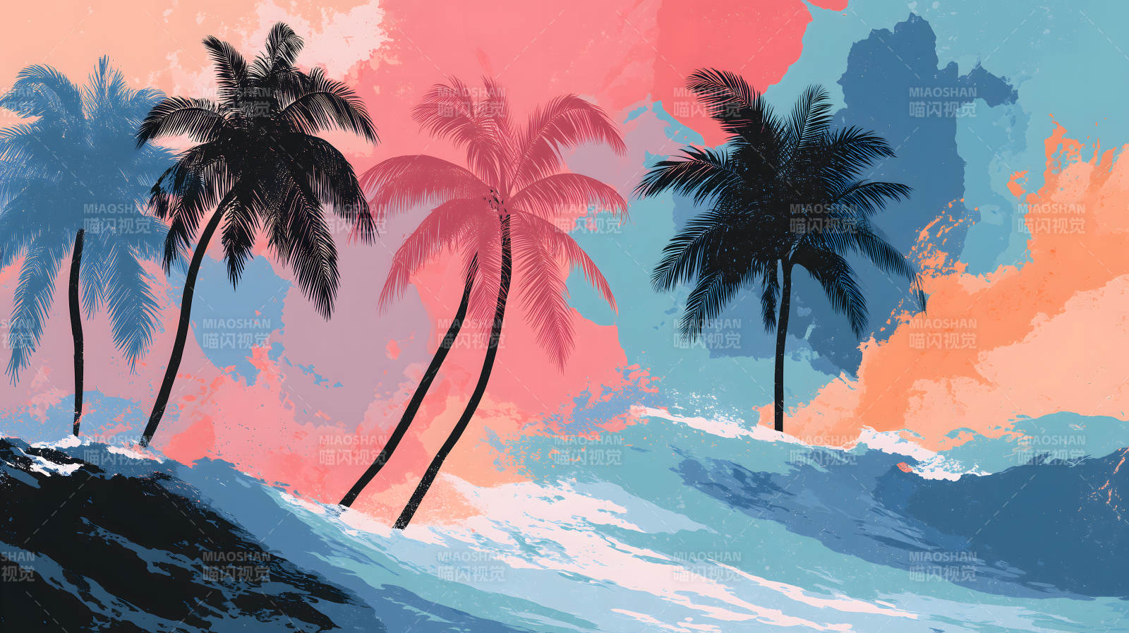 海浪拍打下的棕榈树图片