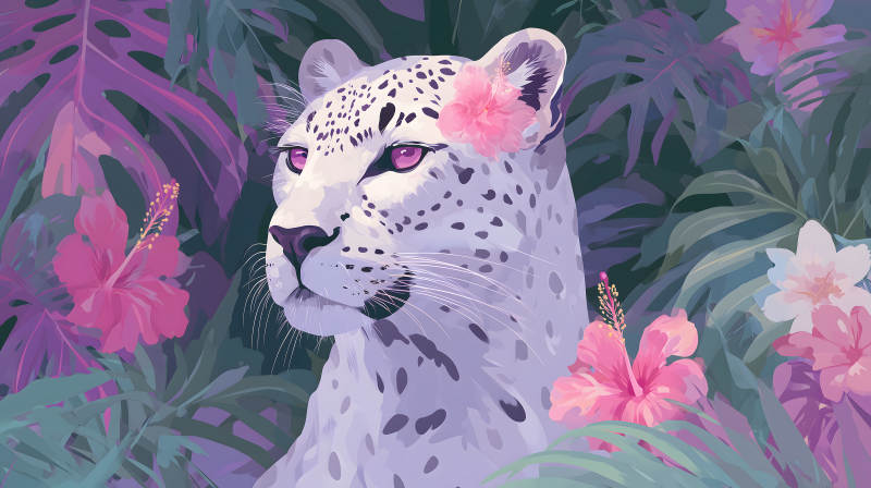 雪豹与热带雨林花卉图片