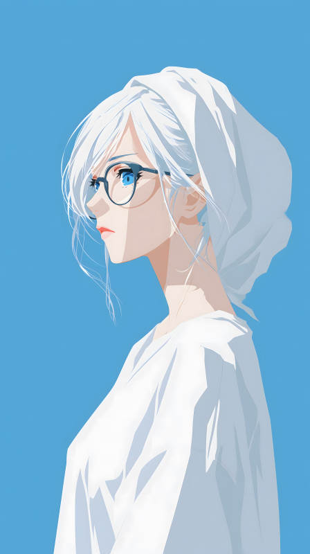 白发眼镜少女侧颜照图片