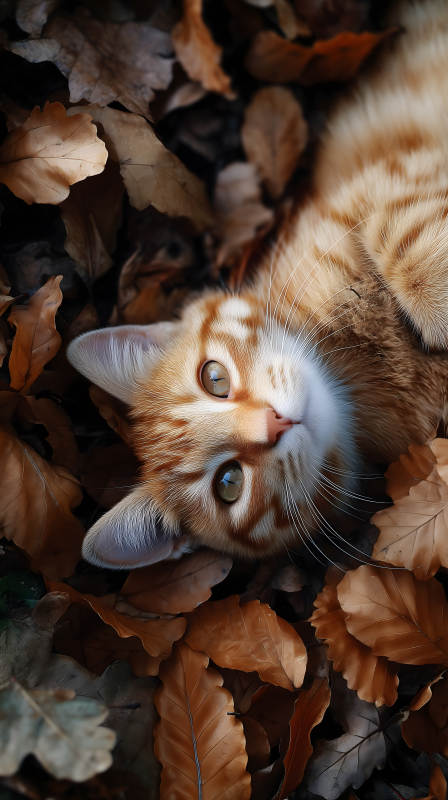 秋叶丛中的一只小猫图片