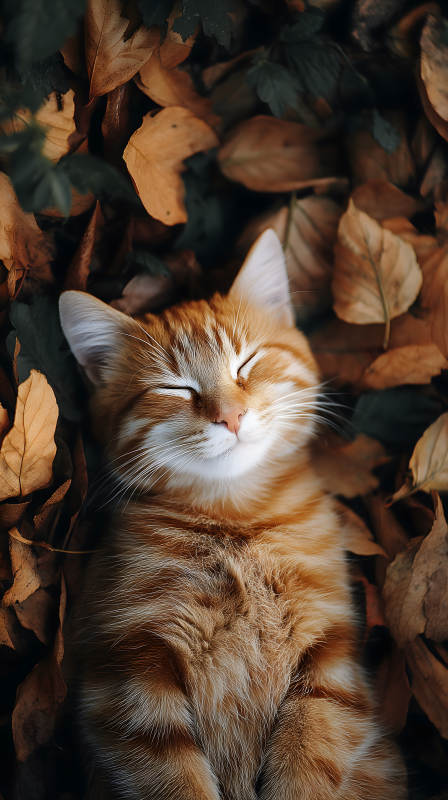 秋叶中酣睡的橘猫图片