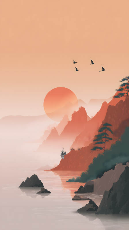 日落山峦静谧湖泊图片