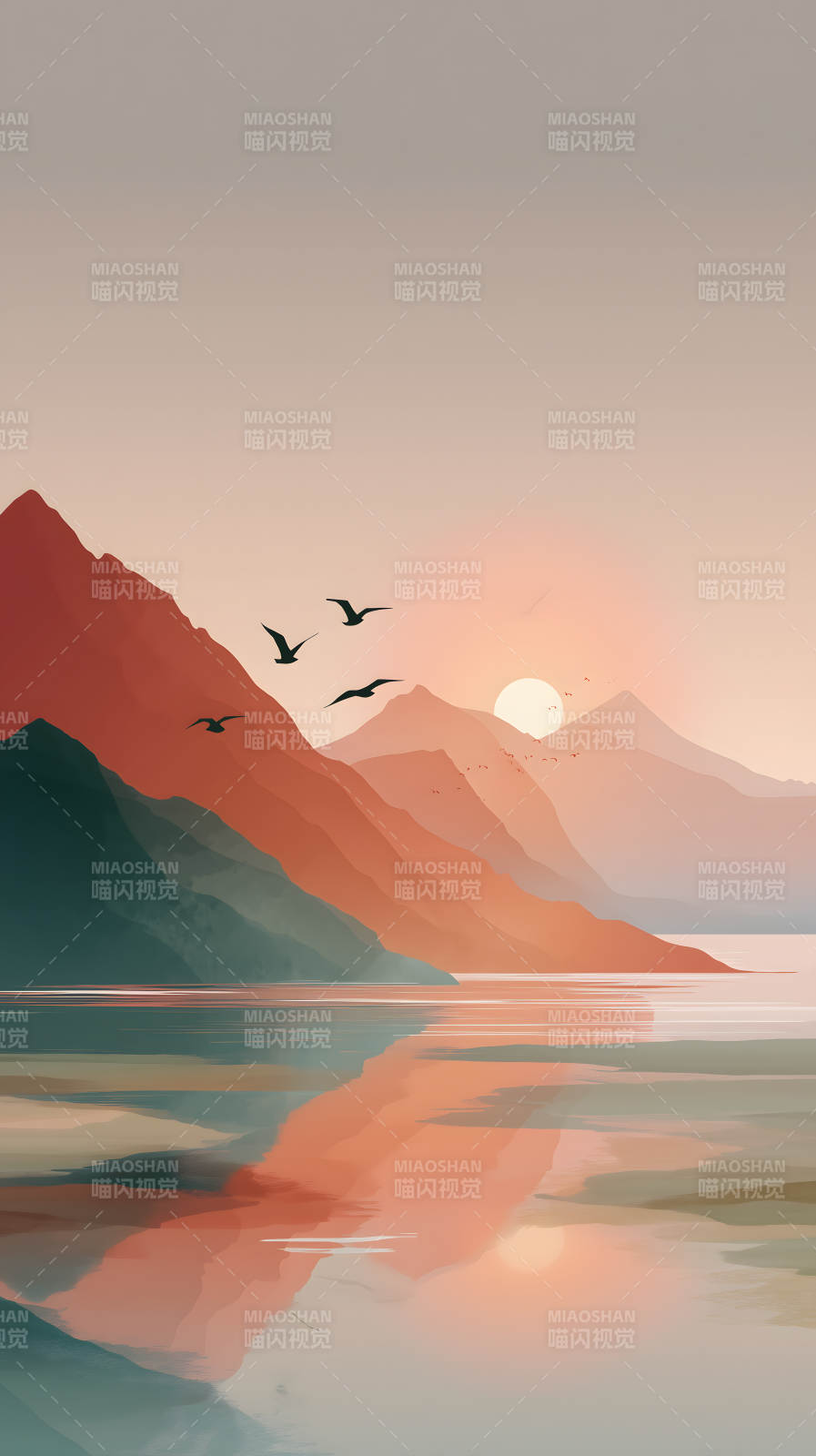 日落山峦与宁静湖泊图片