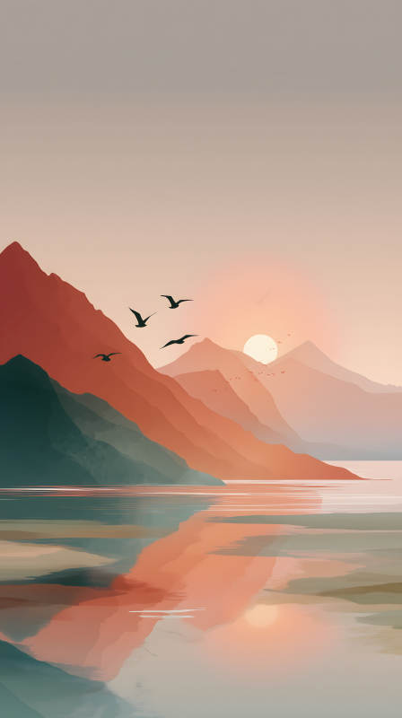 日落山峦与宁静湖泊图片