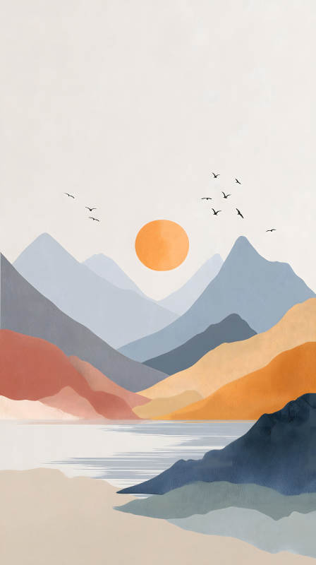 宁静祥和的山湖日落图片