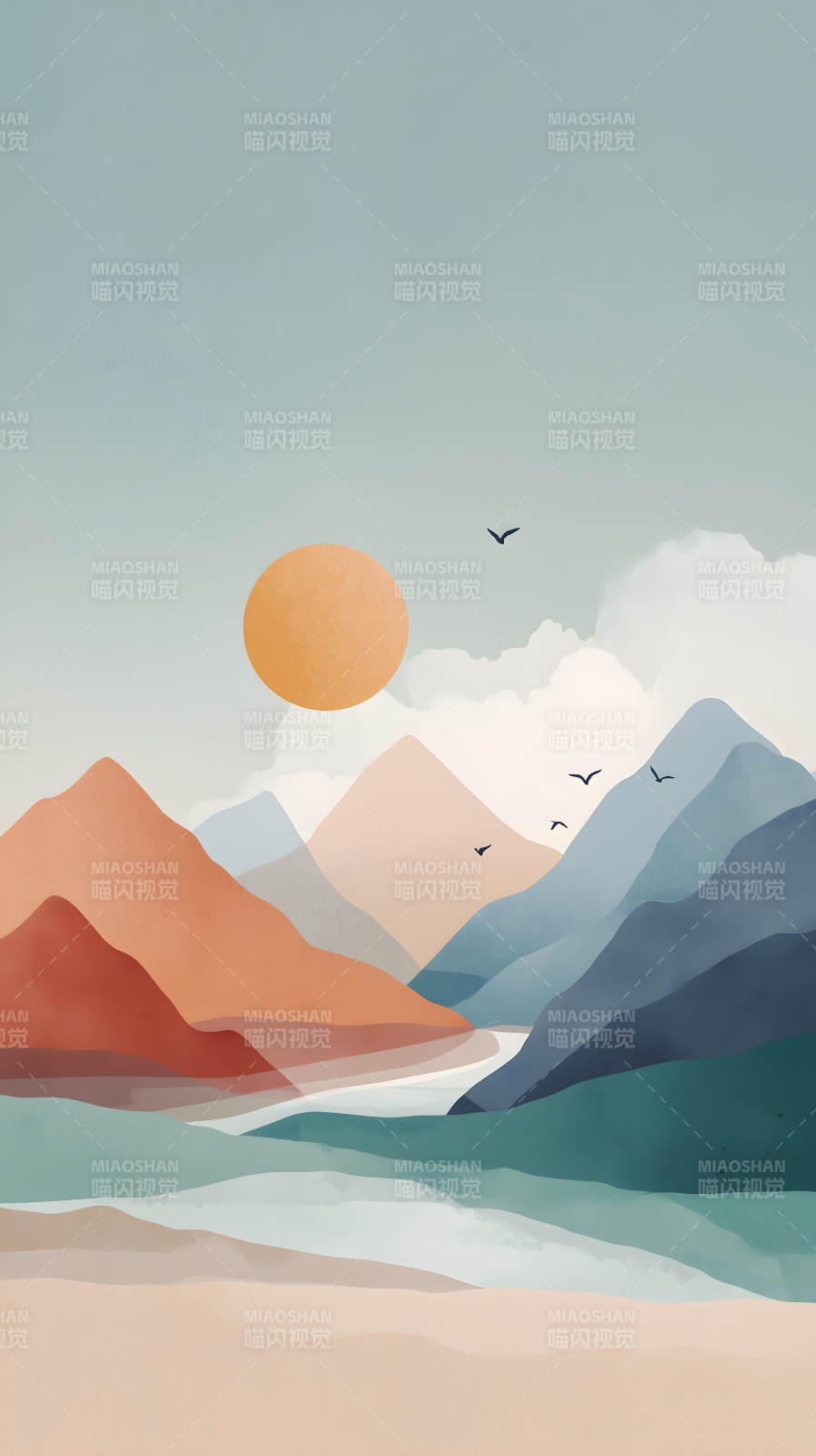 宁静祥和的山河日落图片