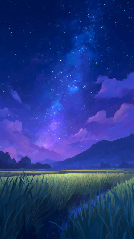 星空下的宁静稻田图片