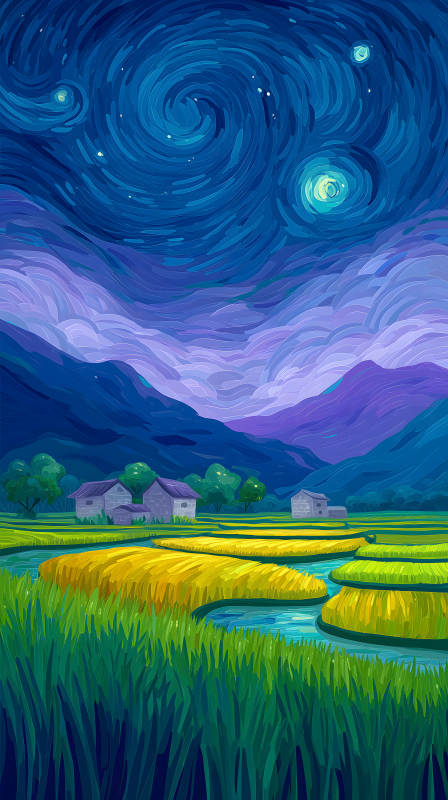 星空下的稻田村庄图片