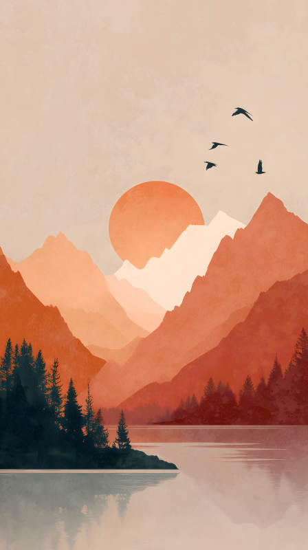 日落山峦湖泊剪影图片