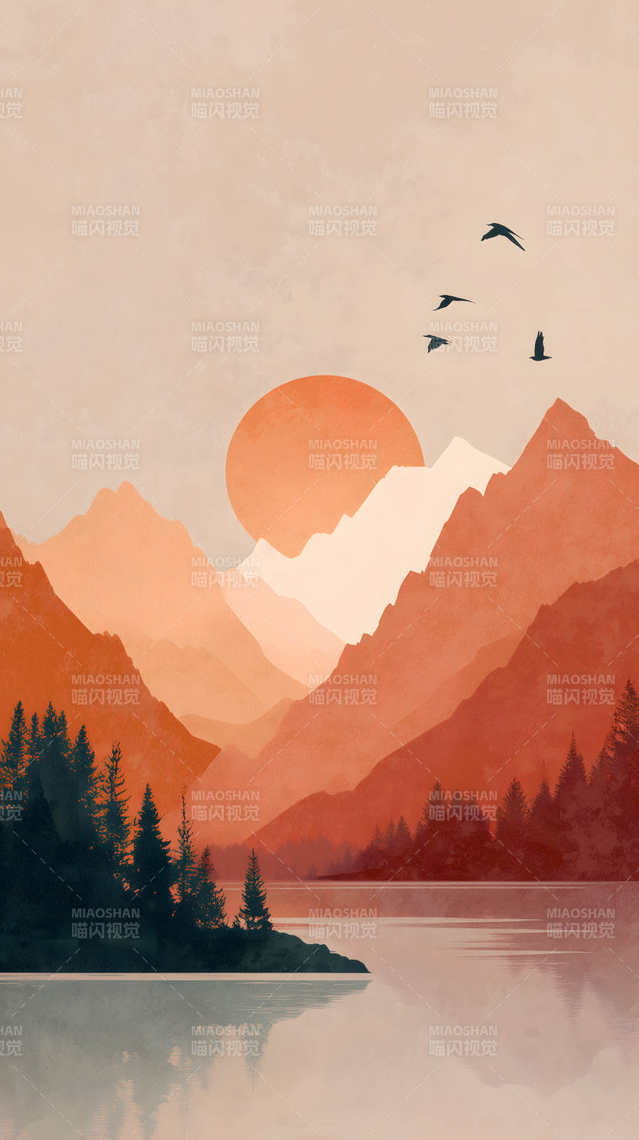 日落山峦湖泊剪影图片