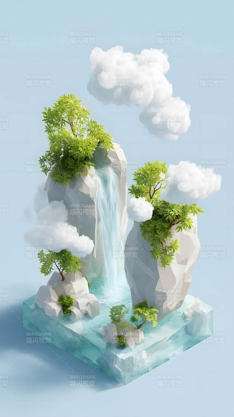 低多边形风格的瀑布仙境图片