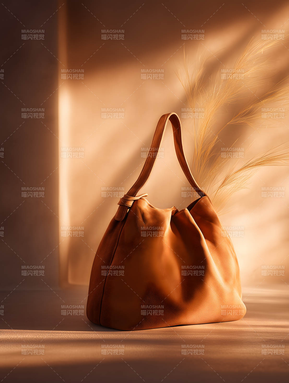 温柔阳光下的棕色皮包图片