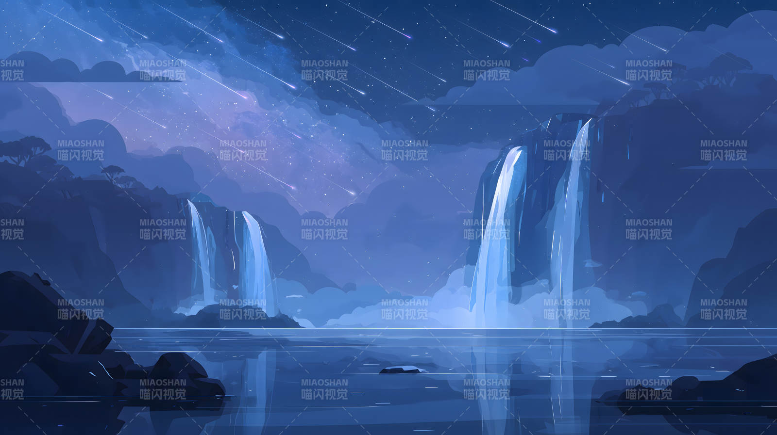 宁静星空下的瀑布湖泊图片