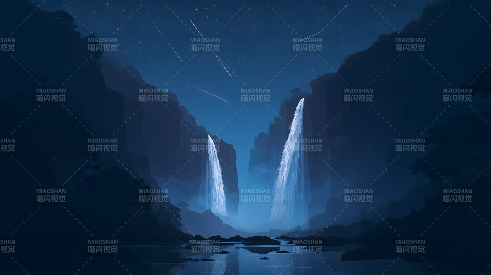 宁静夜色下的双瀑奇观图片