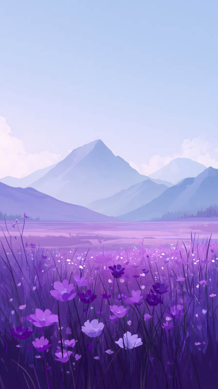 梦幻紫色花田与远山图片