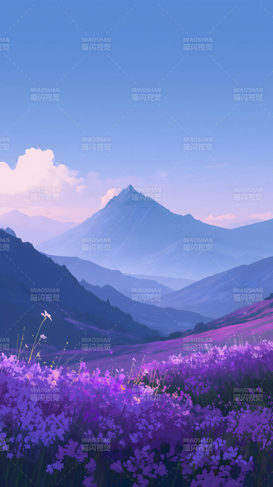 紫色花海与远山图片