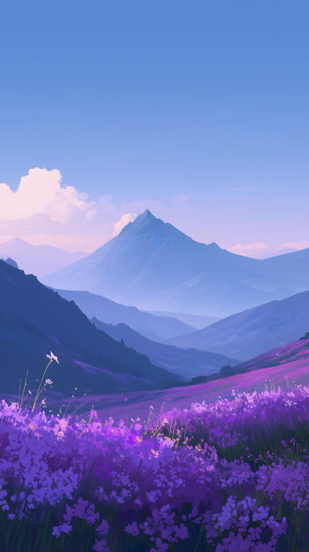 紫色花海与远山图片