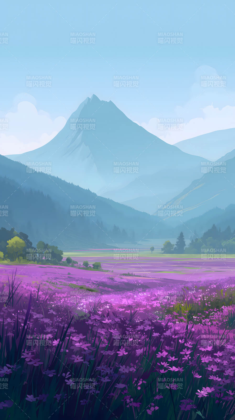 紫花田野与远山朦胧图片