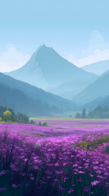 紫花田野与远山朦胧图片