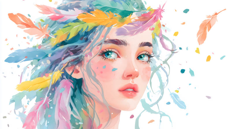 水彩画中梦幻的羽毛女孩图片