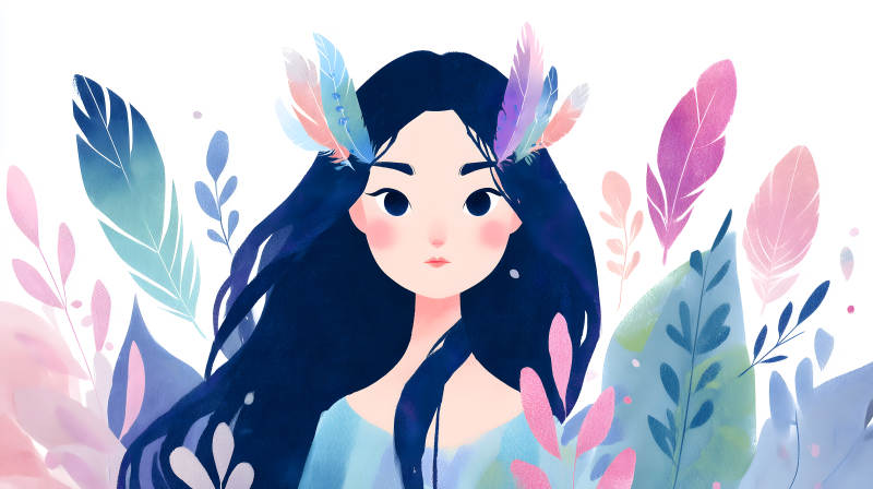 梦幻女孩与彩色羽毛图片