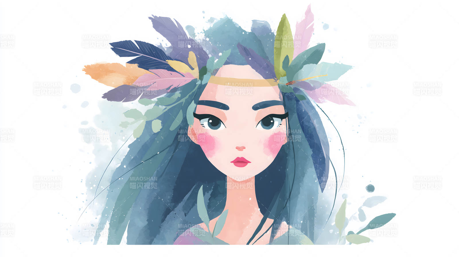 水彩风格的梦幻少女图片