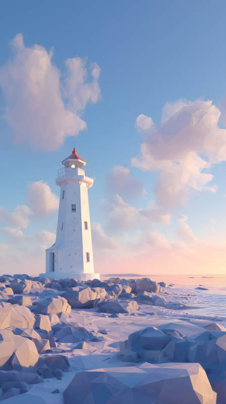 低多边形风格的傍晚海景灯塔图片