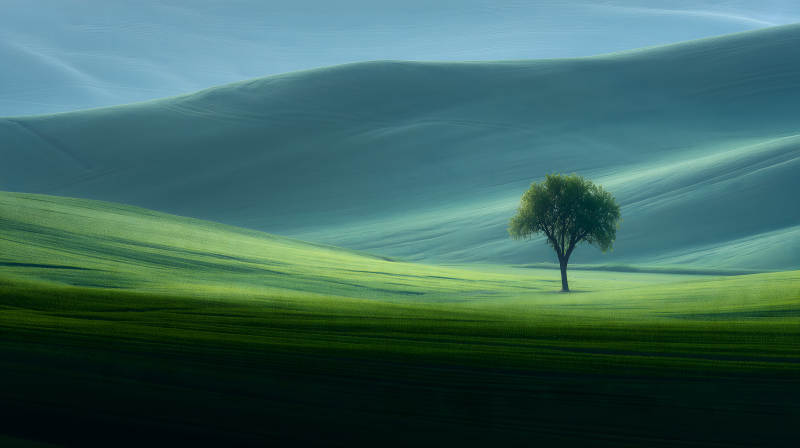 孤独树木与绿色丘陵图片