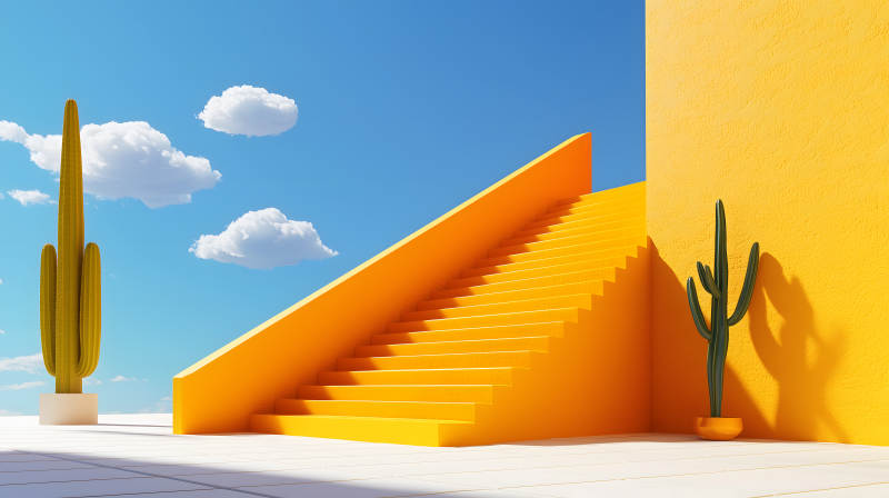 明媚阳光下的黄色阶梯图片