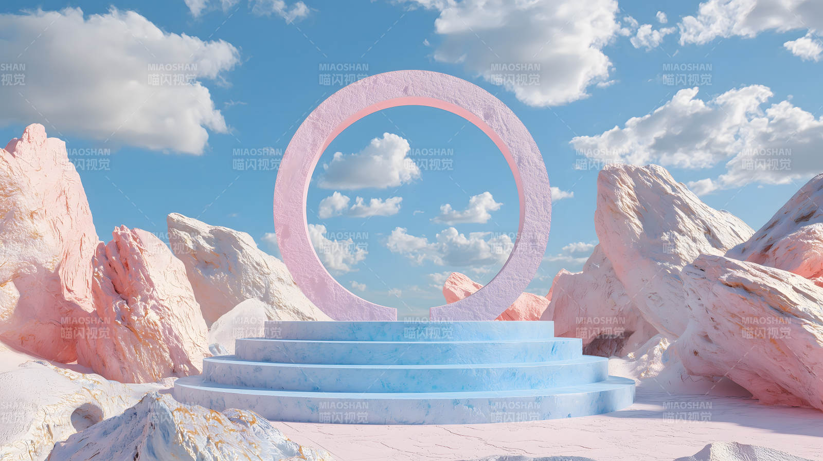 梦幻粉色岩石与蓝色阶梯图片