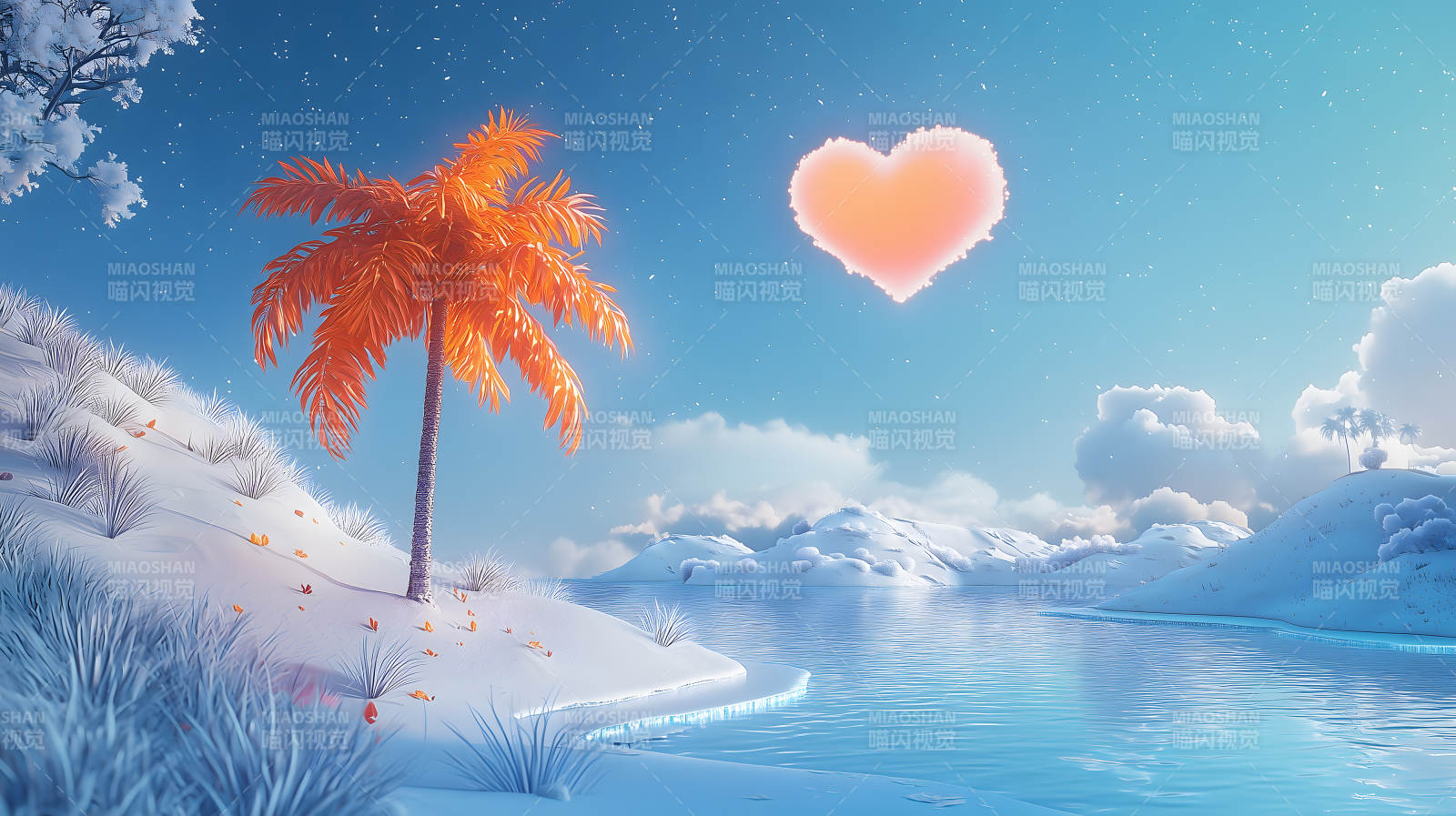冬日雪景中的热带棕榈树图片