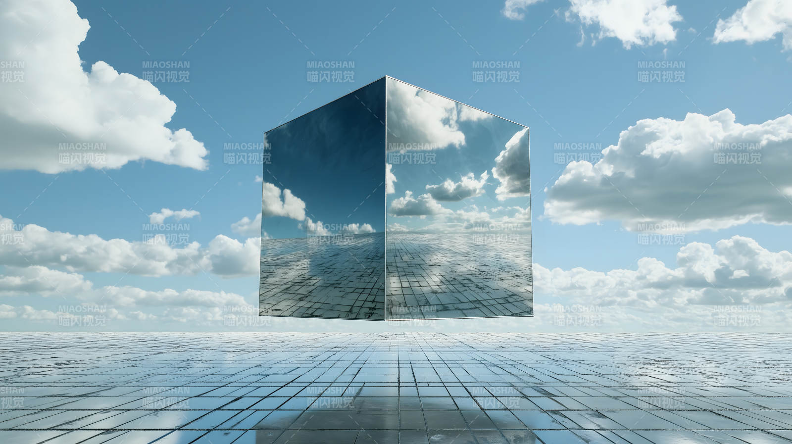 天空中的镜面立方体图片