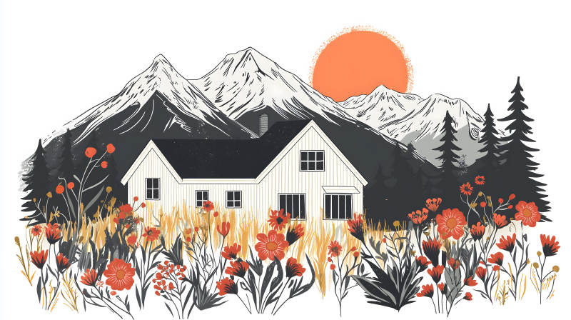 山间小屋与花田图片