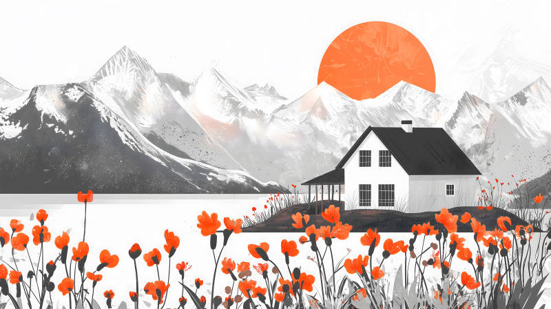 山间小屋与红花图片