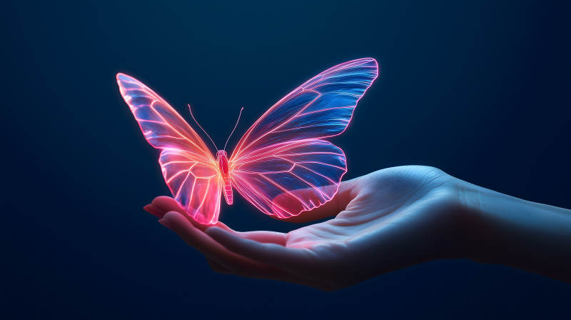 霓虹蝴蝶轻落掌心图片