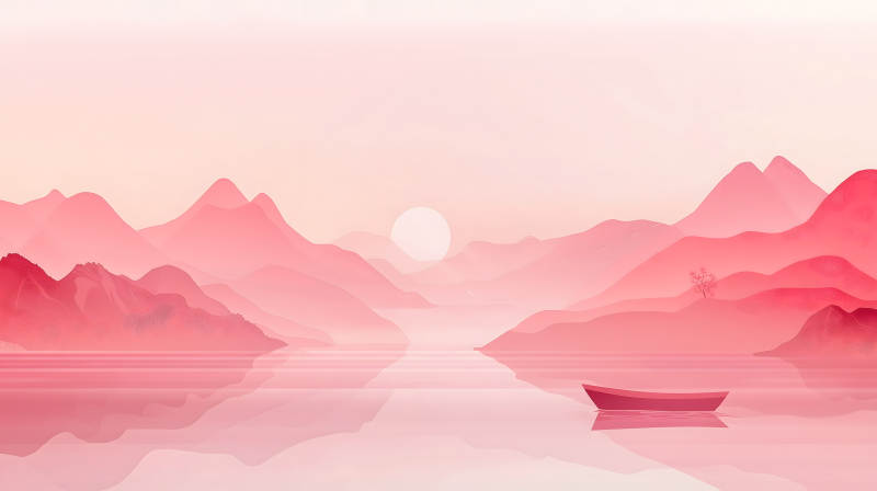 粉红山峦与静谧湖泊图片