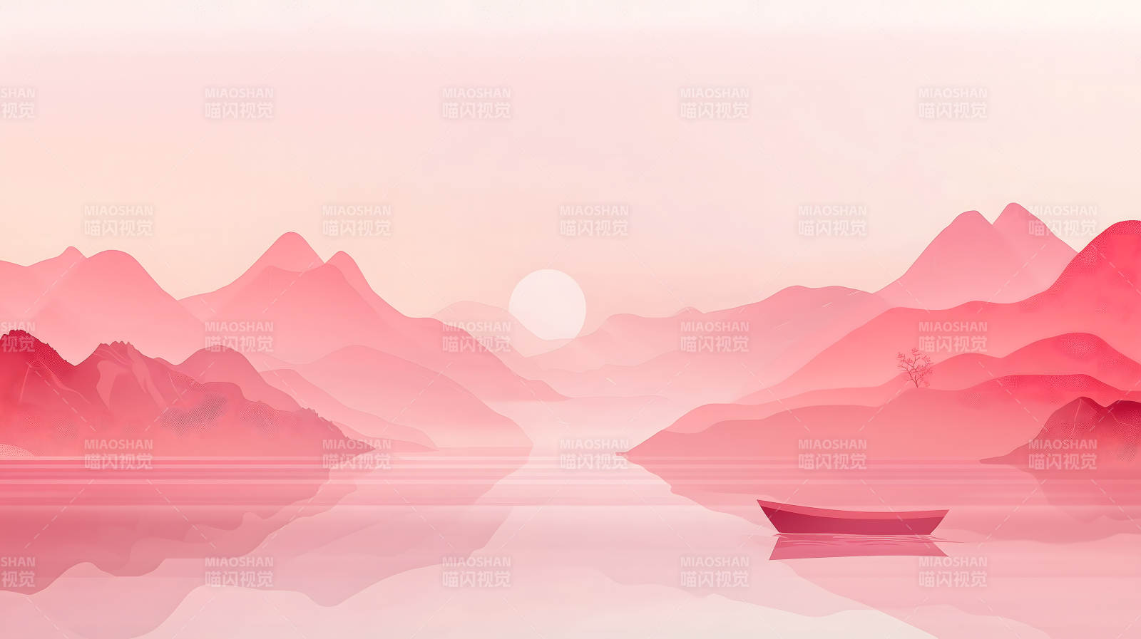 粉红山峦与静谧湖泊图片