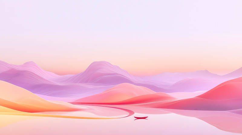 梦幻粉色山峦与小舟图片