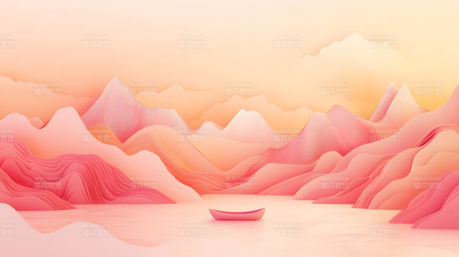 粉色山峦与小舟图片