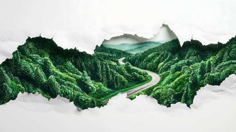 撕裂的纸张与绿色山路图片